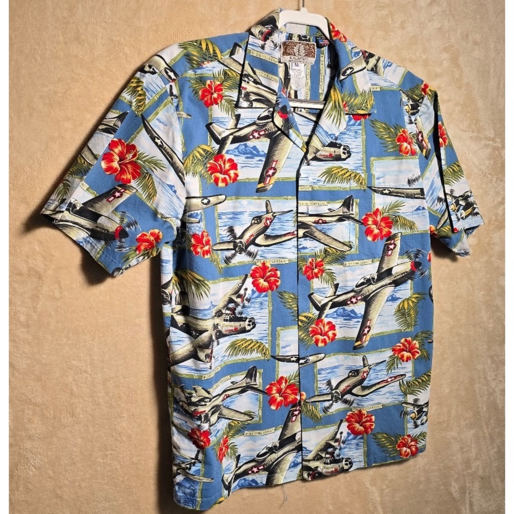 VTG Kalaheo Shirt Mens M Hawaiian Aloha Made in Hawaii USA Warbird Print Camp671 - Picture 3 of 8